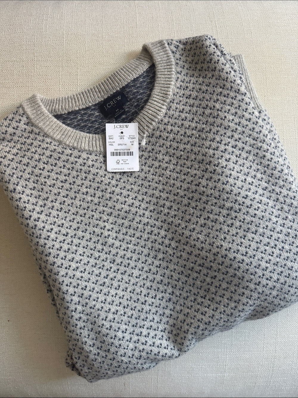 NWT Men’s J. Crew Gray and Navy Micro-Pattern Crewneck Wool Sweater